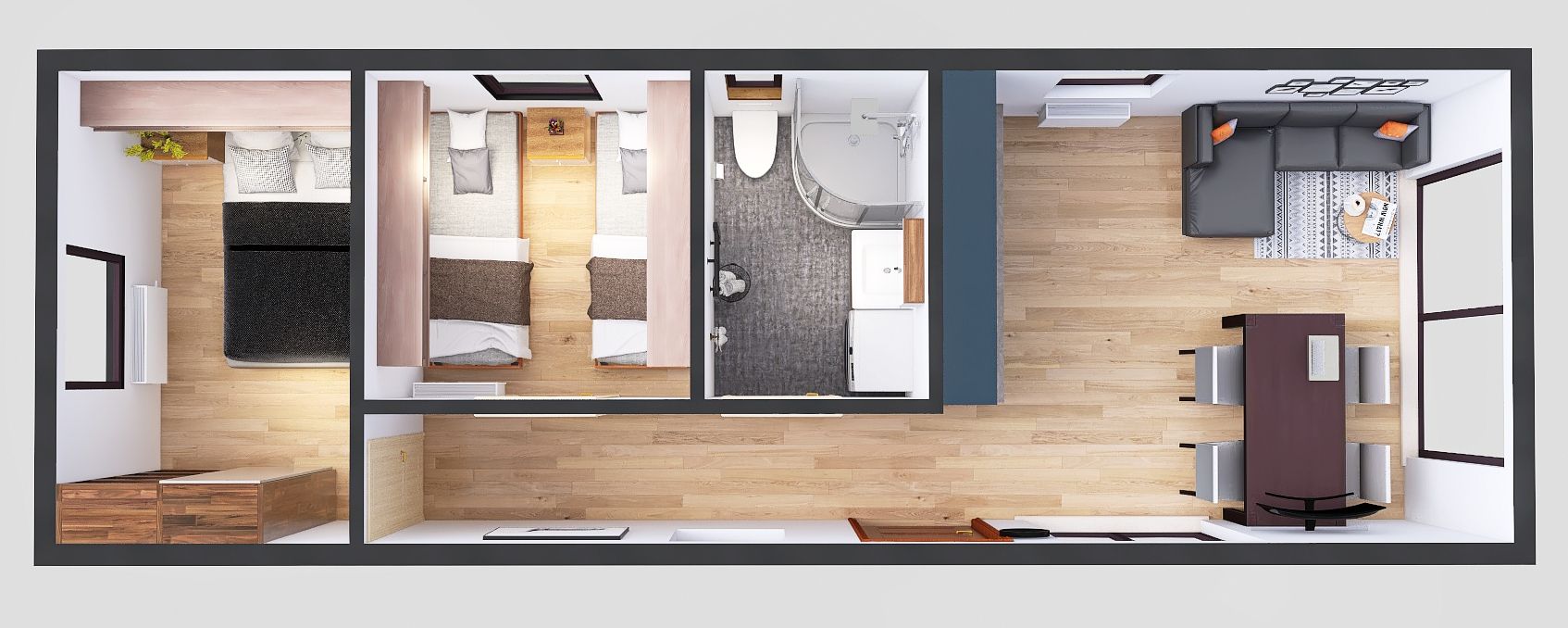 JZM DOMKI Domek Mobilny Optima 3.5x10 Wariant A - Plan Wizualizacja domek mobilny 3.5m x 10m perspektywa z meblami, Salon z Kuchnią, Łazienka , 2 Sypialnie