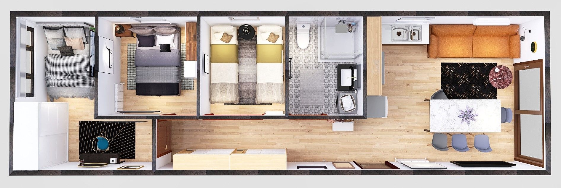 plan domku 4m x 14m perspektywa z meblami, Salon z Kuchnią, Łazienka, 3 Sypialnie