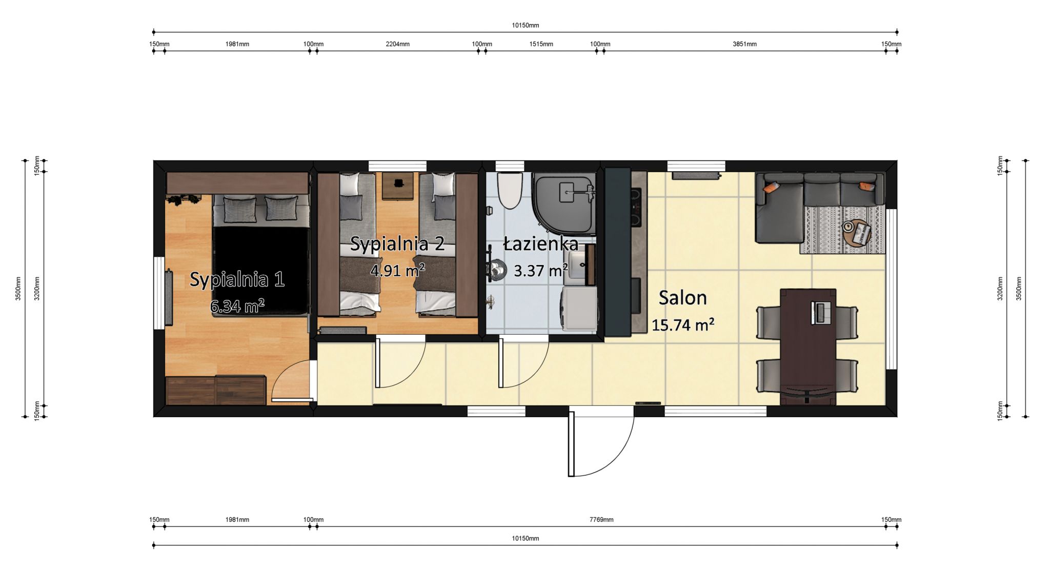 domek mobilny 3.5m x 10m plan z wymiarami z meblami, Salon z Kuchnią, Łazienka , 2 Sypialnie