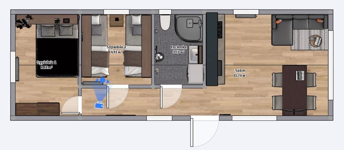 domek mobilny 3.5m x 10m plan z meblami, Salon z Kuchnią, Łazienka , 2 Sypialnie