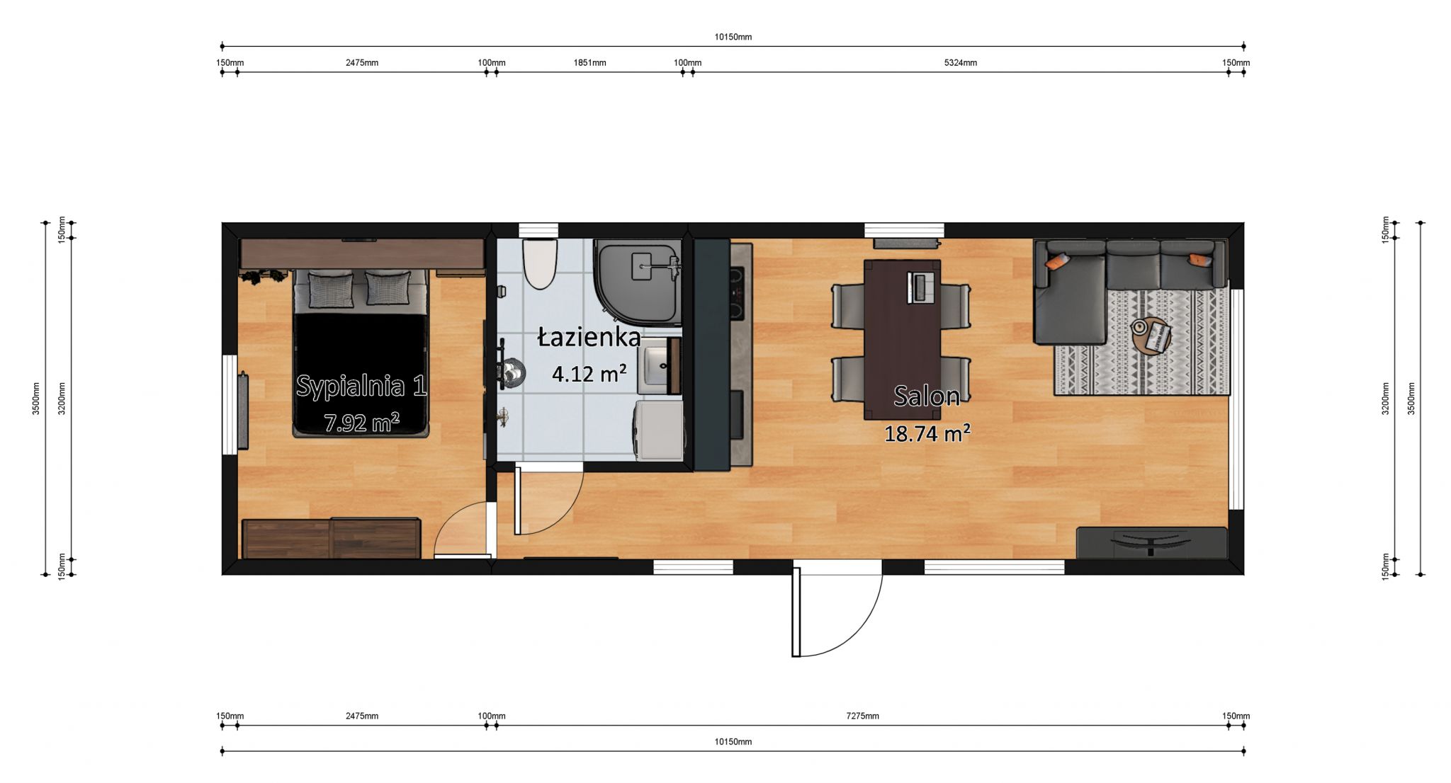 domek mobilny 3.5m x 10m plan z wymiarami z meblami, Salon z Kuchnią, Łazienka , 1 Sypialnia
