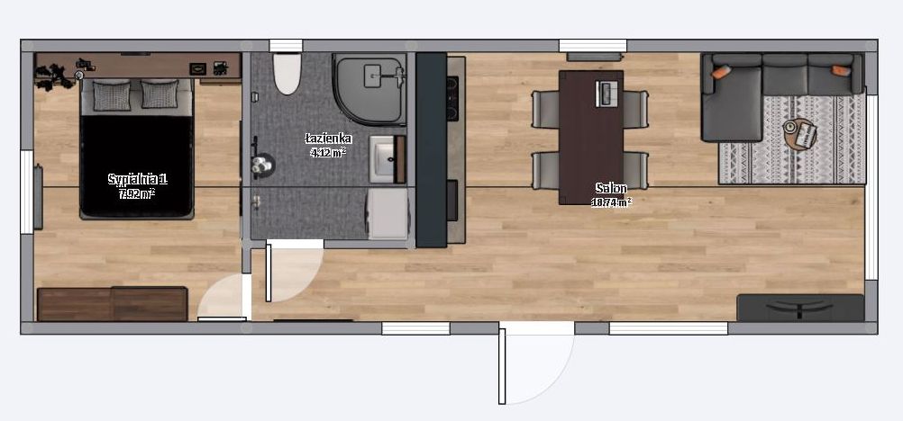 domek mobilny 3.5m x 10m plan z meblami, Salon z Kuchnią, Łazienka , 1 Sypialnia