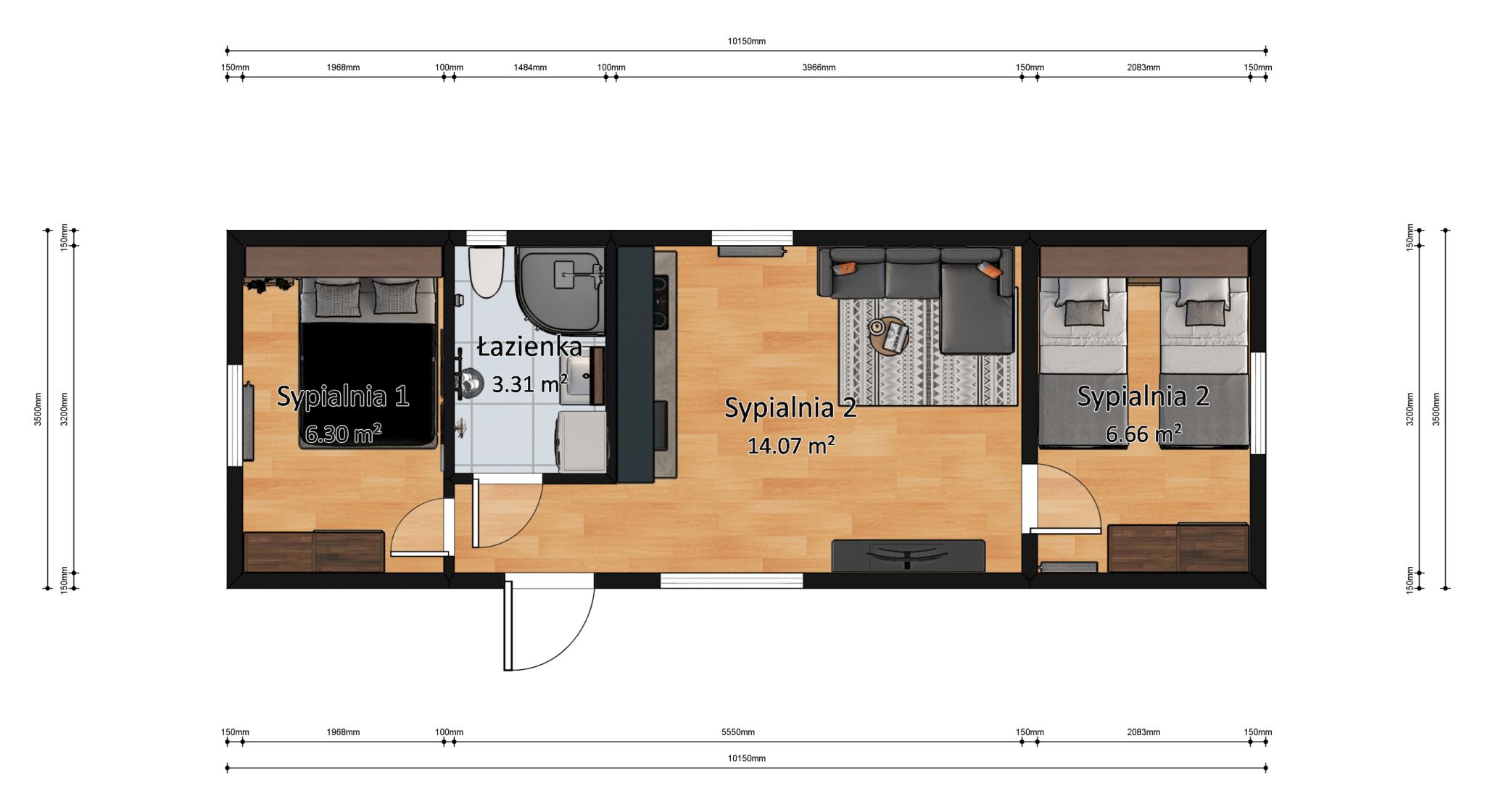 domek mobilny 3.5m x 10m plan z wymiarami z meblami, Salon z Kuchnią, Łazienka , 2 Sypialnie