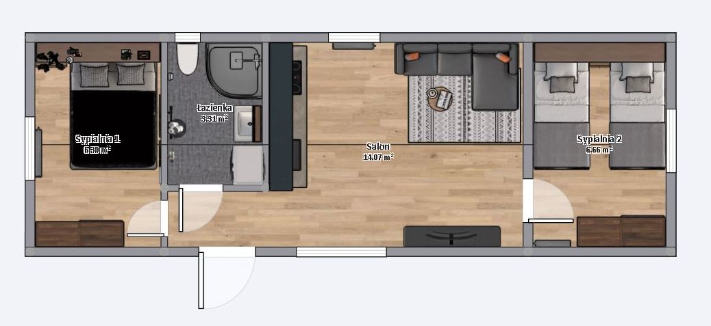 domek mobilny 3.5m x 10m plan z meblami, Salon z Kuchnią, Łazienka , 2 Sypialnie