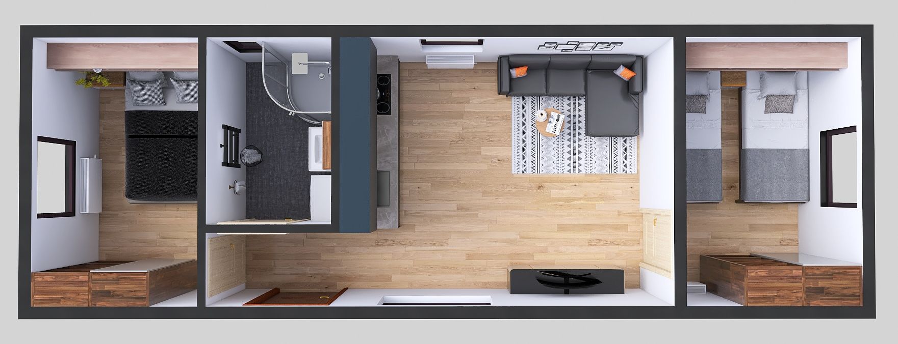 domek mobilny 3.5m x 10m perspektywa z meblami, Salon z Kuchnią, Łazienka , 2 Sypialnie