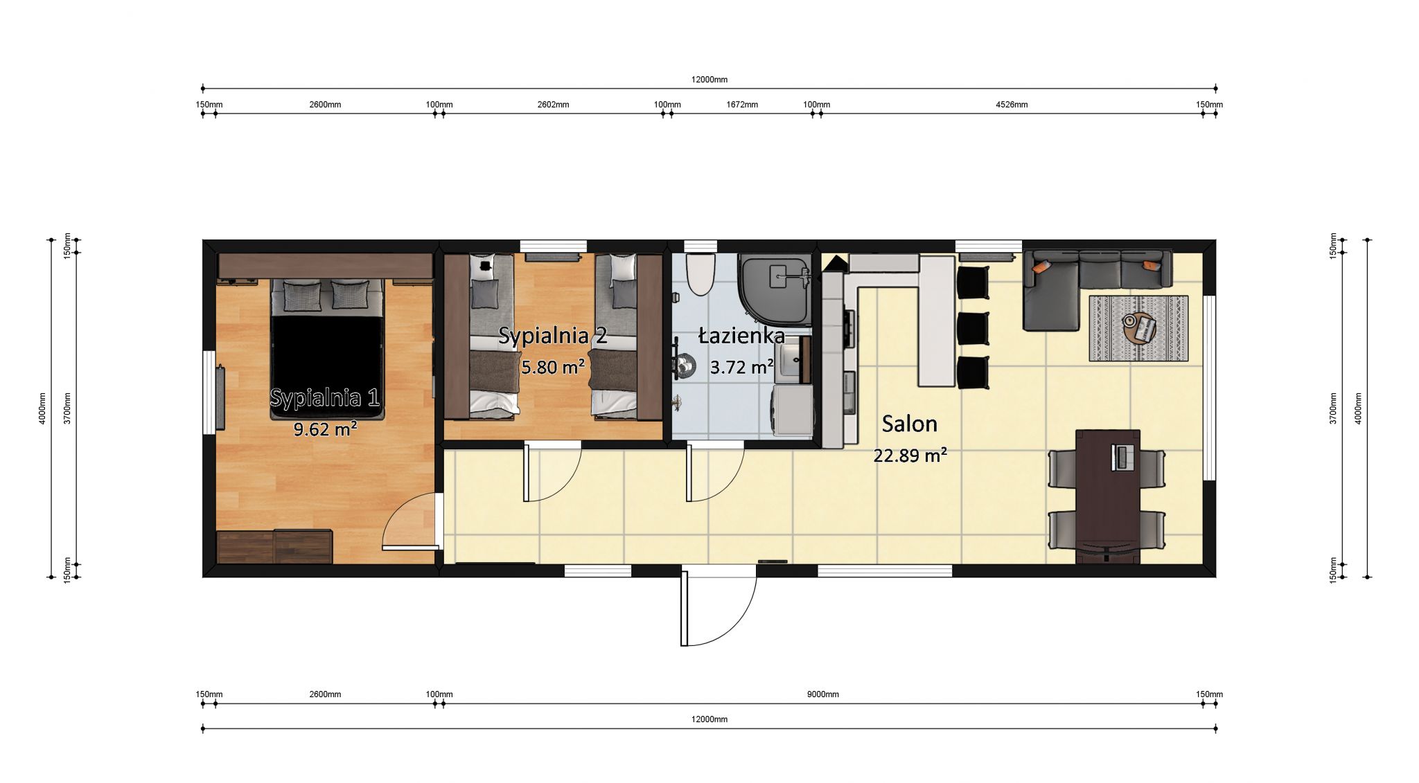 plan domku 4m x 12m z wymiarami z meblami, Salon z Kuchnią, Łazienka, 2 Sypialnie