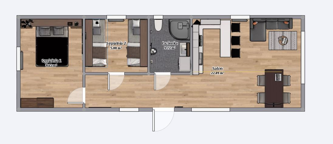 plan domku 4m x 12m z meblami, Salon z Kuchnią, Łazienka, 2 Sypialnie