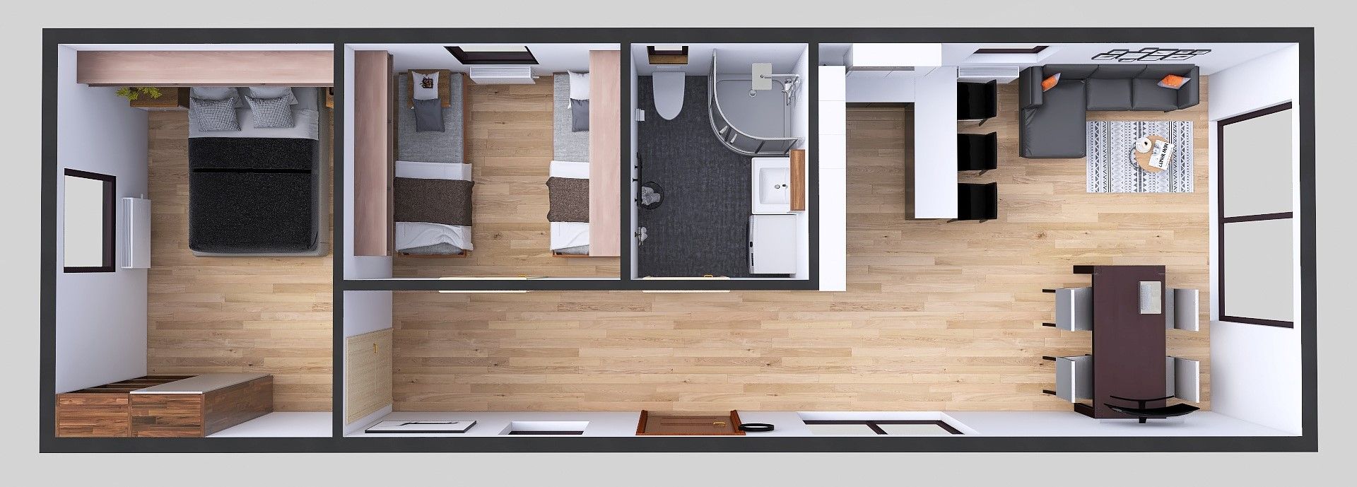 plan domku mobilnego 4m x 12m perspektywa z meblami, Salon z Kuchnią, Łazienka, 2 Sypialnie