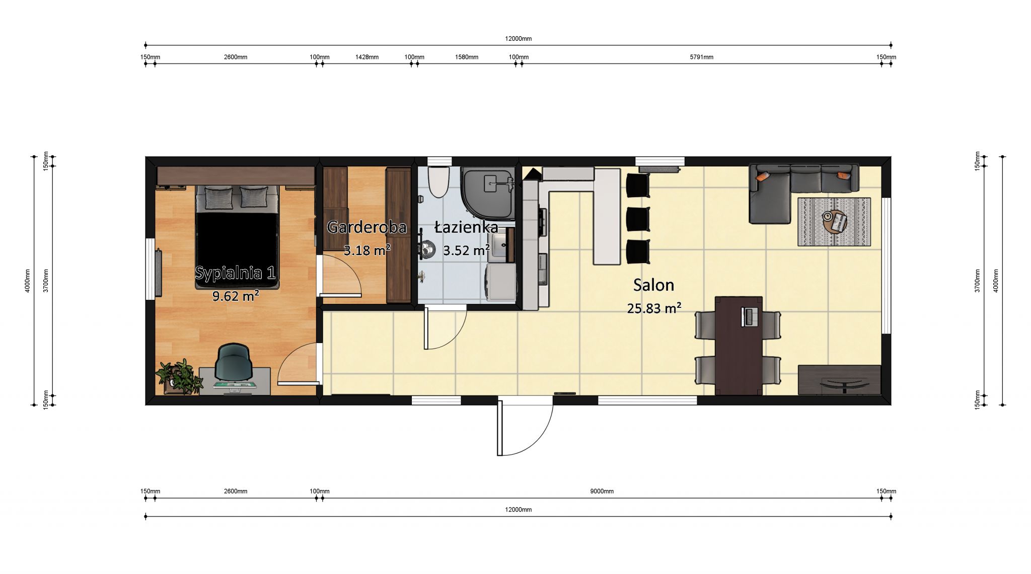 plan domku 4m x 12m z wymiarami z meblami, Salon z Kuchnią, Łazienka, 1 Sypialnia z garderobą