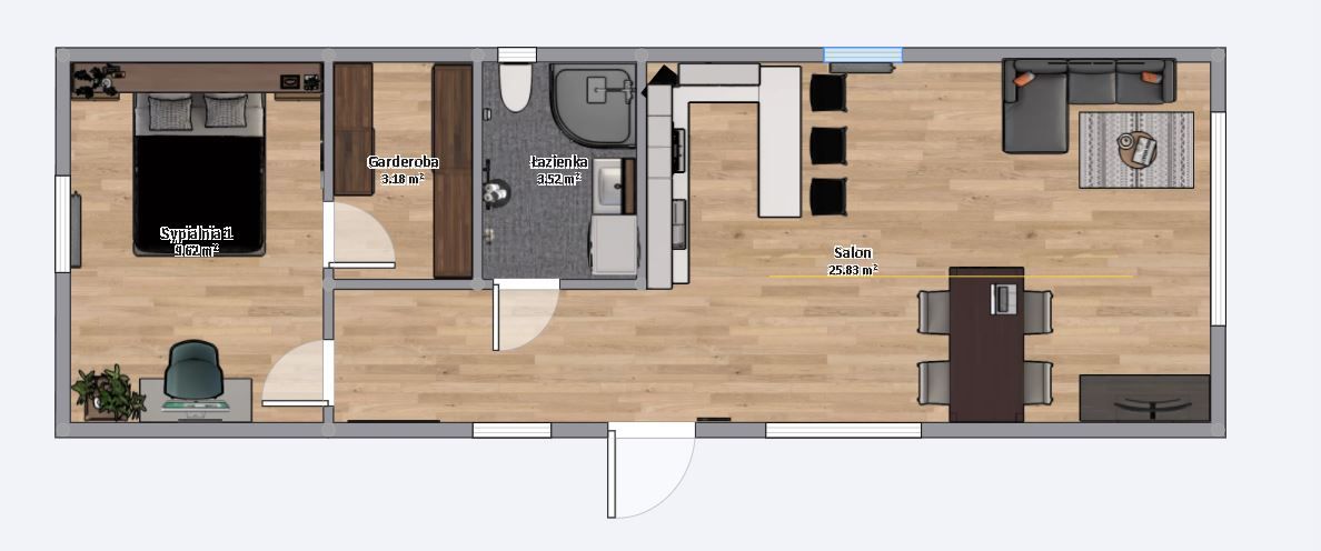 plan domku 4m x 12m z meblami, Salon z Kuchnią, Łazienka, 1 Sypialnia z garderobą