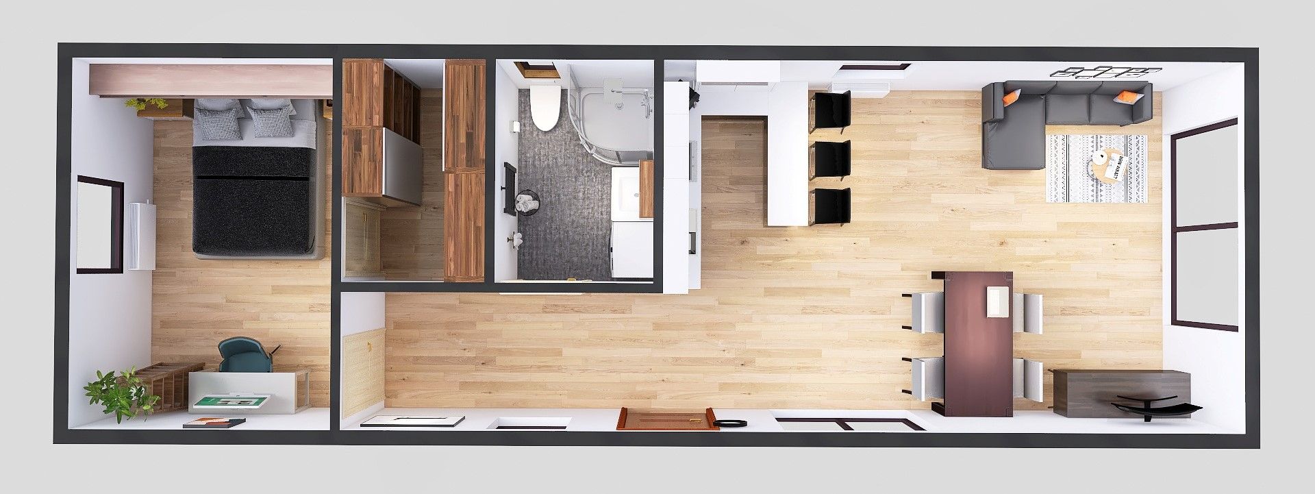 plan domku 4m x 12m perspektywa z meblami, Salon z Kuchnią, Łazienka, 1 Sypialnia z garderobą