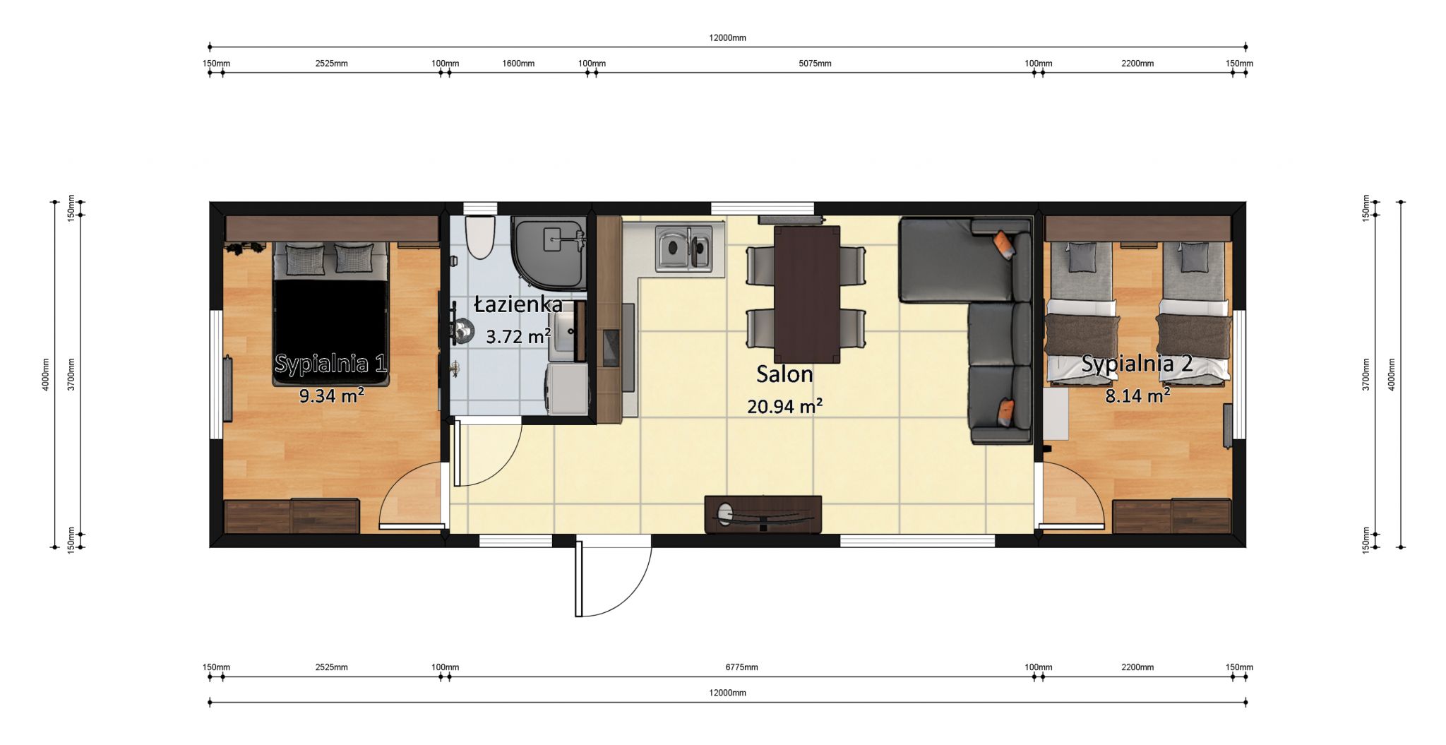 plan domku 4m x 12m z wymiarami z meblami, Salon z Kuchnią, Łazienka, 2 Sypialnie
