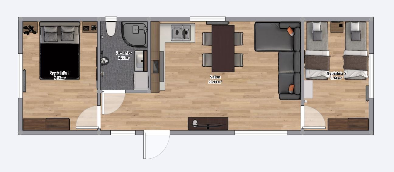 plan domku 4m x 12m z meblami, Salon z Kuchnią, Łazienka, 2 Sypialnie