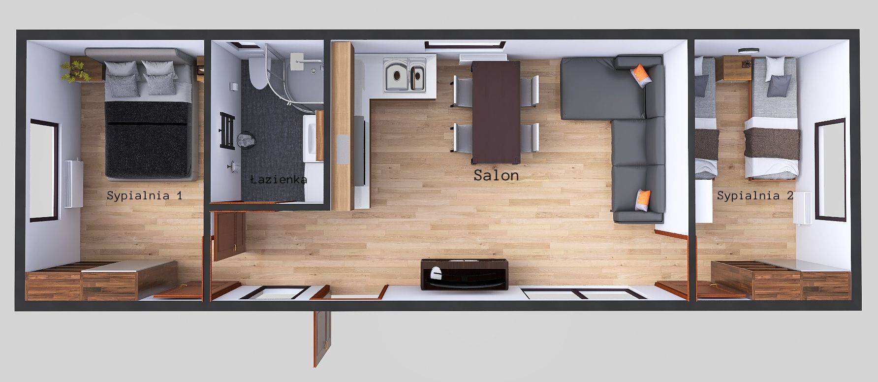 plan domku mobilnego 4m x 12m perspektywa z meblami, Salon z Kuchnią, Łazienka, 2 Sypialnie