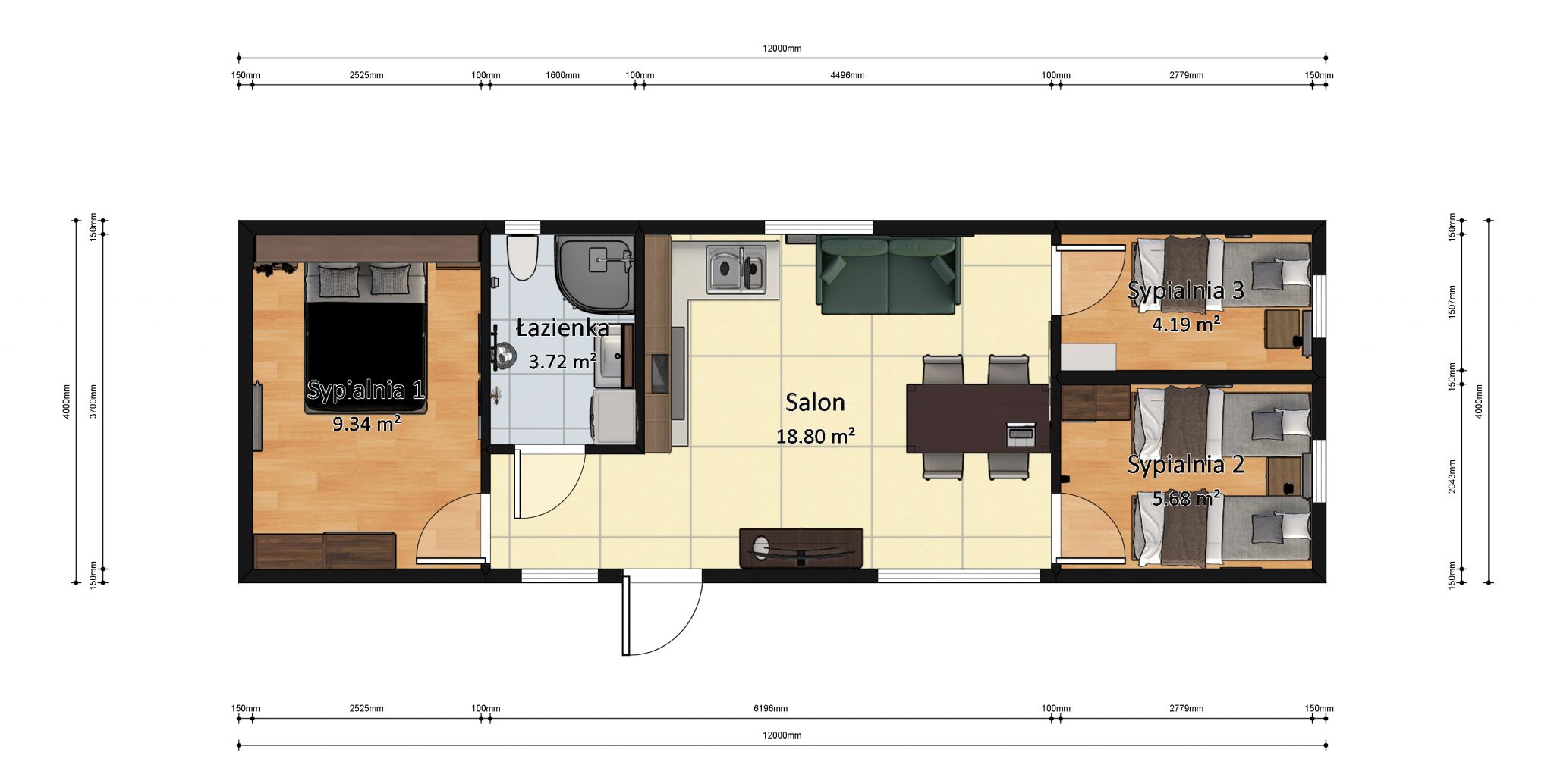 plan domku 4m x 12m z wymiarami z meblami, Salon z Kuchnią, Łazienka, 3 Sypialnie