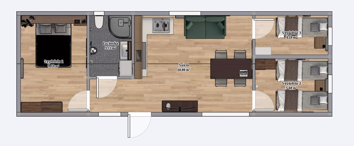plan domku 4m x 12m z meblami, Salon z Kuchnią, Łazienka, 3 Sypialnie