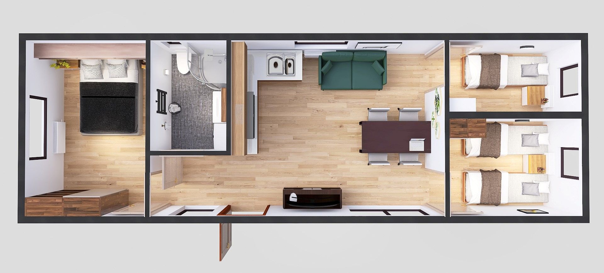 plan domku mobilnego 4m x 12m perspektywa z meblami, Salon z Kuchnią, Łazienka, 3 Sypialnie