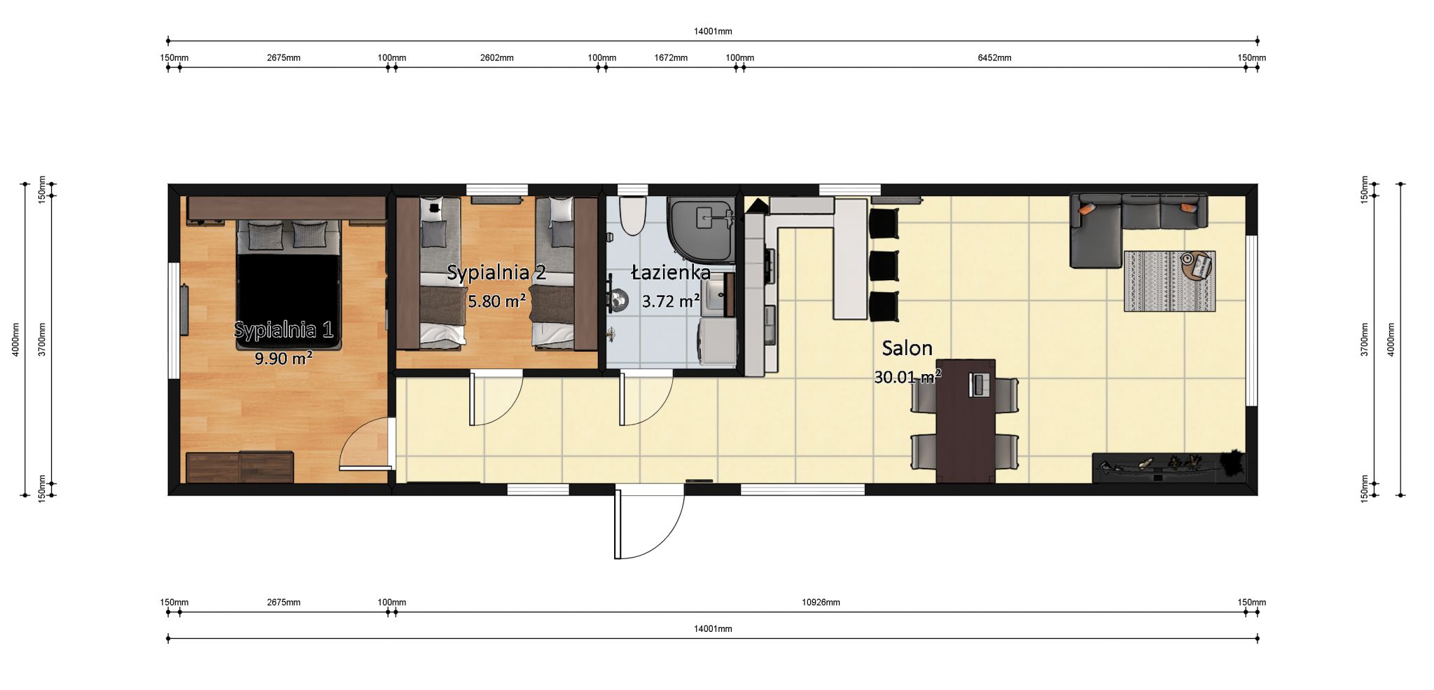 domek mobilny 4m x 14m plan z wymiarami z meblami, Salon z Kuchnią, Łazienka , 2 Sypialnie