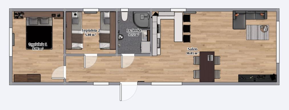 domek mobilny 4m x 14m plan z meblami, Salon z Kuchnią, Łazienka , 2 Sypialnie