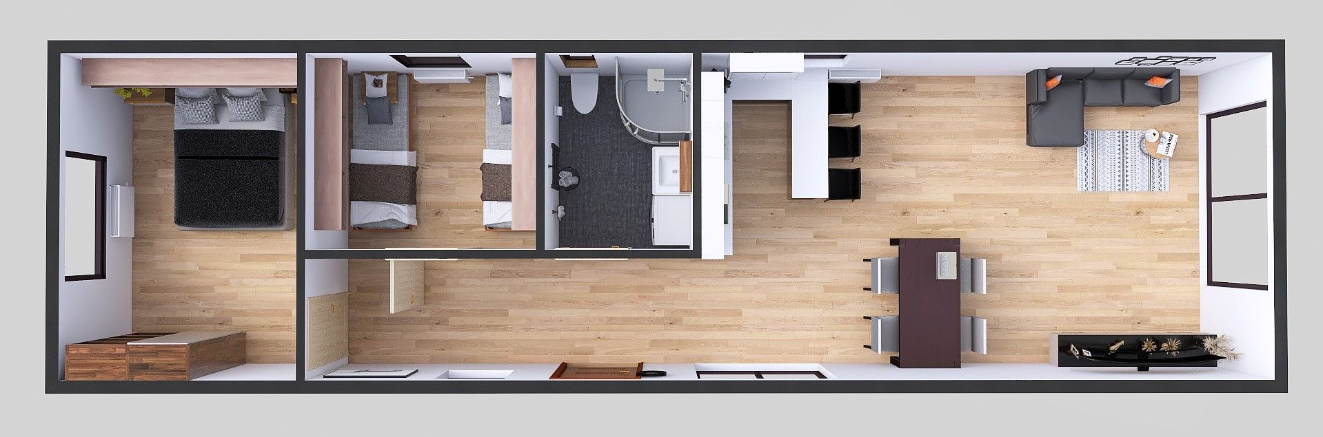 domek mobilny 4m x 14m perspektywa z meblami, Salon z Kuchnią, Łazienka , 2 Sypialnie