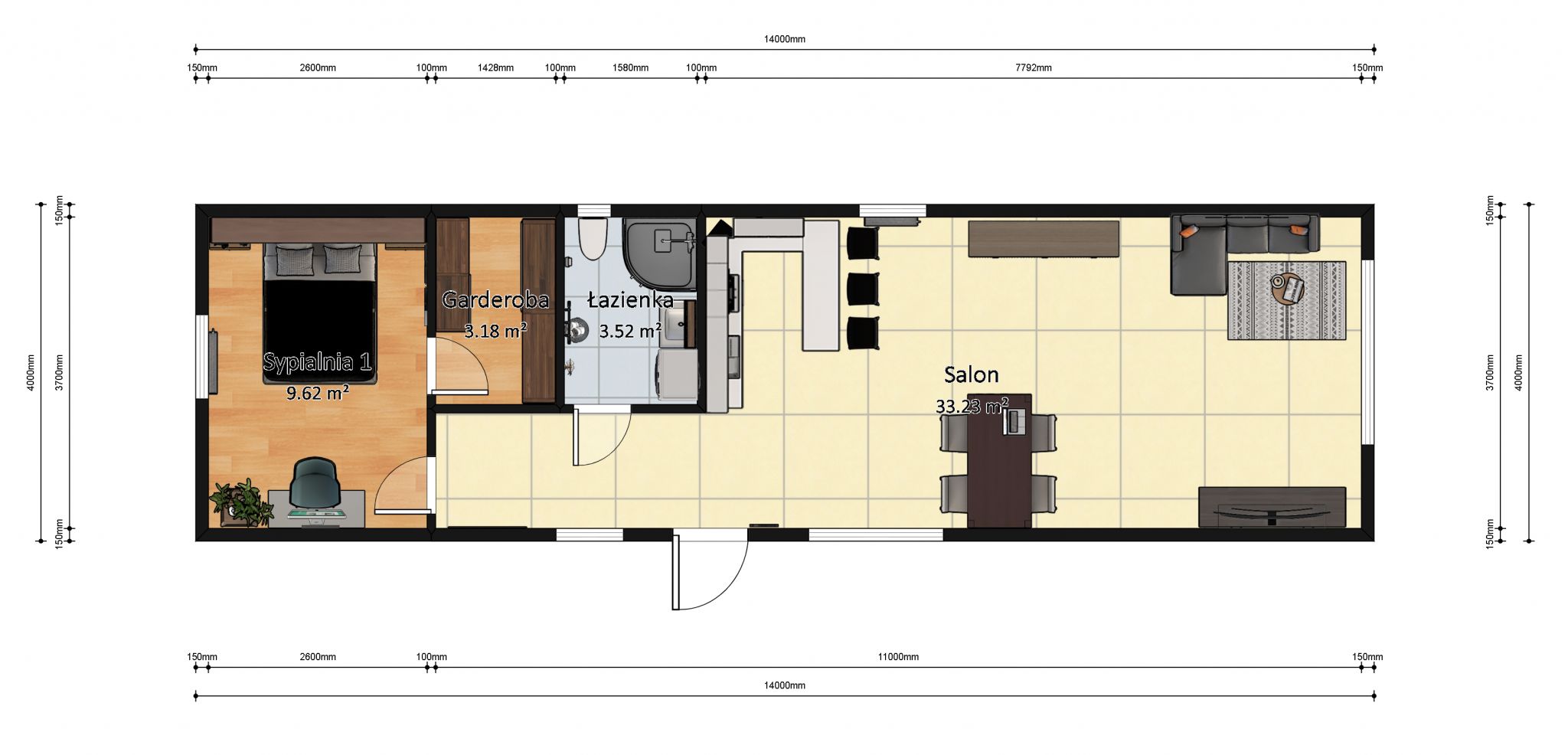 plan domku 4m x 14m z wymiarami z meblami, Salon z Kuchnią, Łazienka, 1 Sypialnia z garderobą