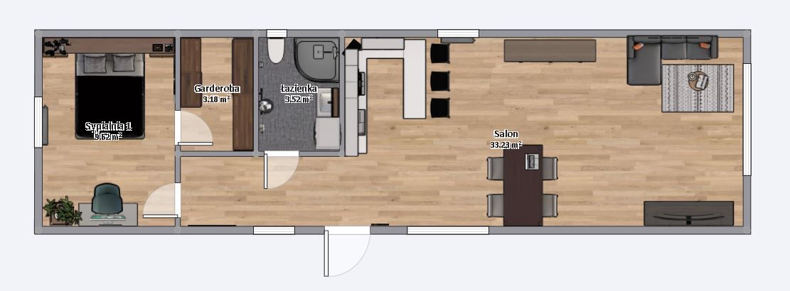 plan domku 4m x 14m z meblami, Salon z Kuchnią, Łazienka, 1 Sypialnia z garderobą