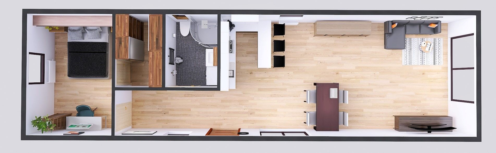 plan domku 4m x 14m perspektywa z meblami, Salon z Kuchnią, Łazienka, 1 Sypialnia z garderobą