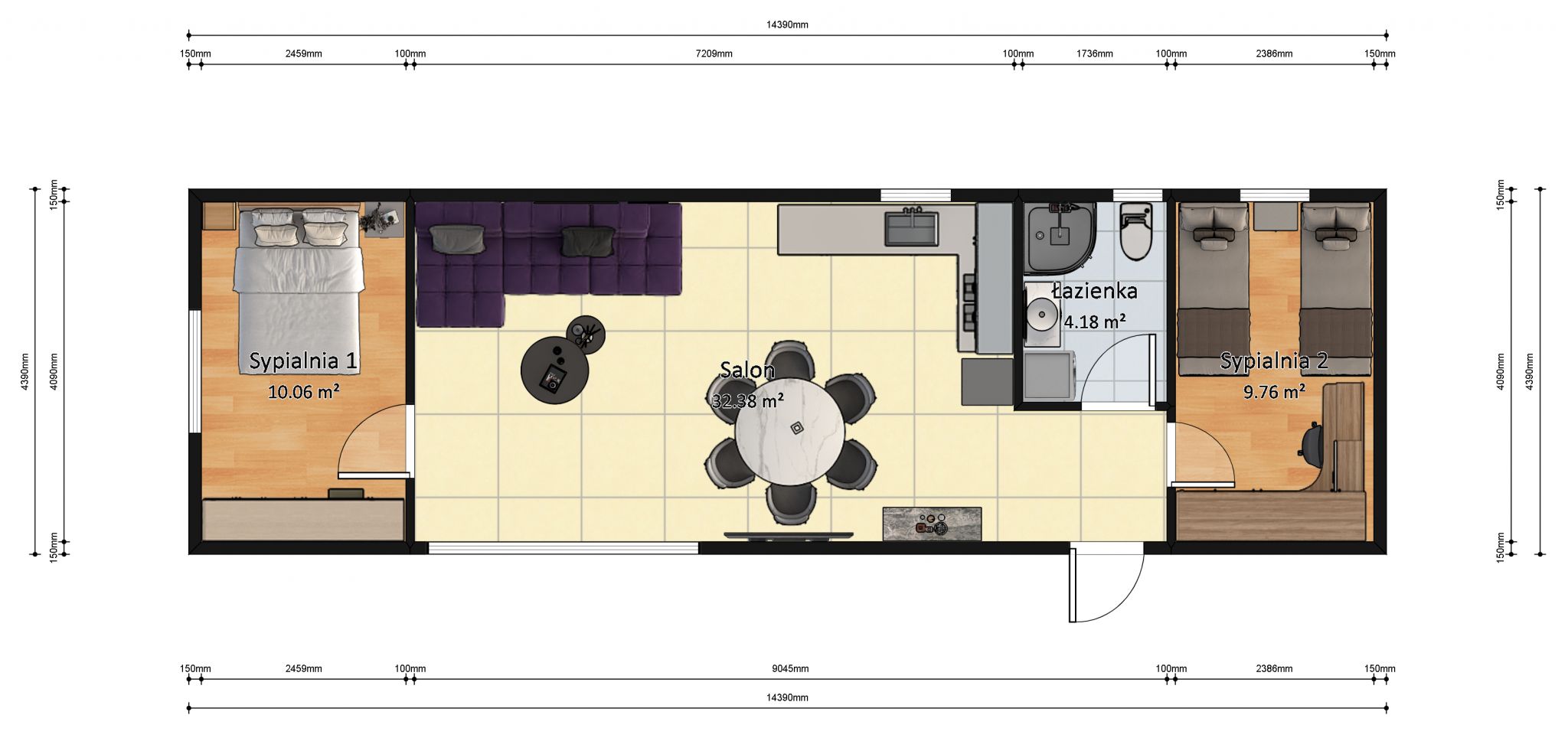 domek mobilny 4m x 14m plan z wymiarami z meblami, Salon z Kuchnią, Łazienka , 2 Sypialnie