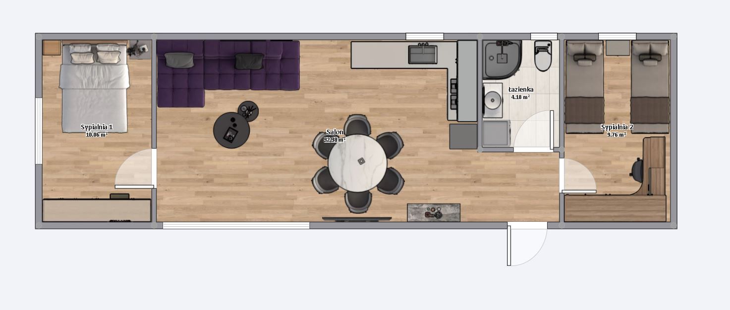 domek mobilny 4m x 14m plan z meblami, Salon z Kuchnią, Łazienka , 2 Sypialnie