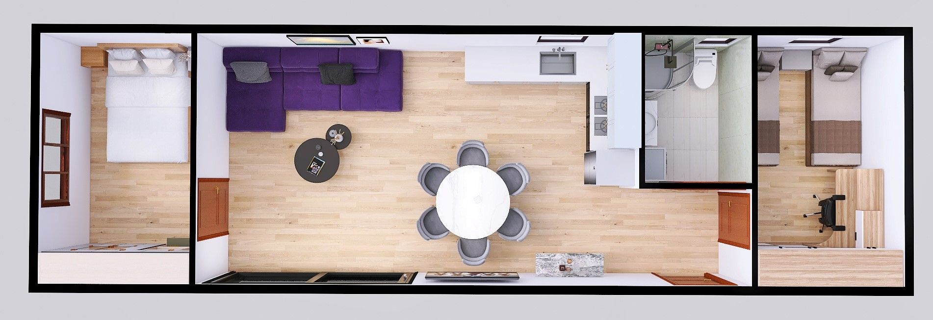 domek mobilny 4m x 14m perspektywa z meblami, Salon z Kuchnią, Łazienka , 2 Sypialnie