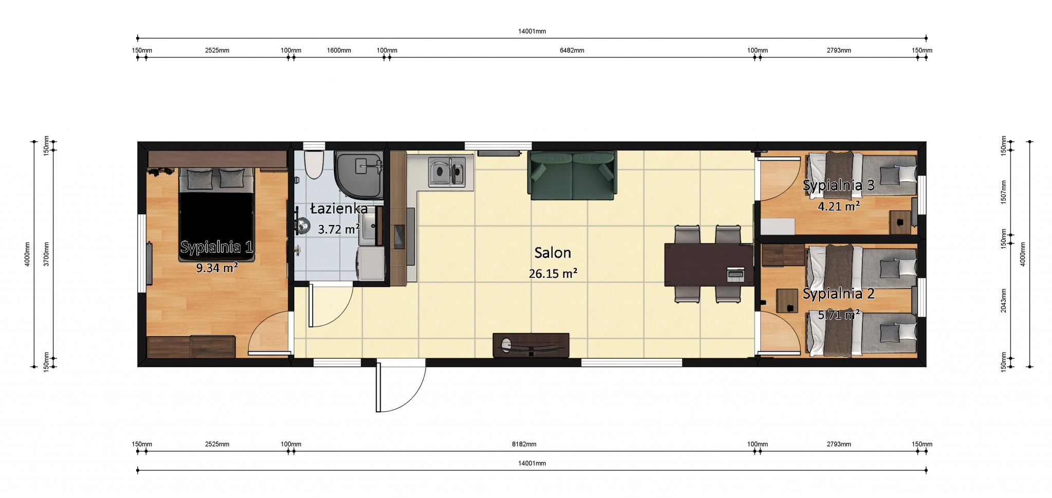 plan domku 4m x 14m z wymiarami z meblami, Salon z Kuchnią, Łazienka, 3 Sypialnie