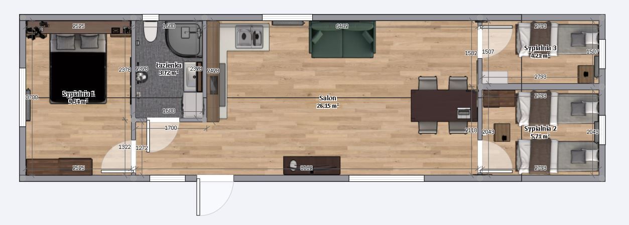 plan domku 4m x 14m z meblami, Salon z Kuchnią, Łazienka, 3 Sypialnie