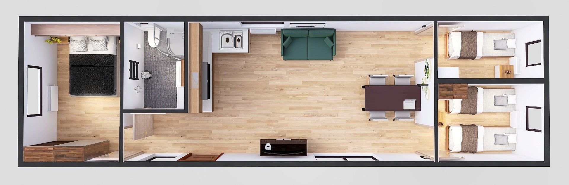 plan domku 4m x 14m perspektywa z meblami, Salon z Kuchnią, Łazienka, 3 Sypialnie