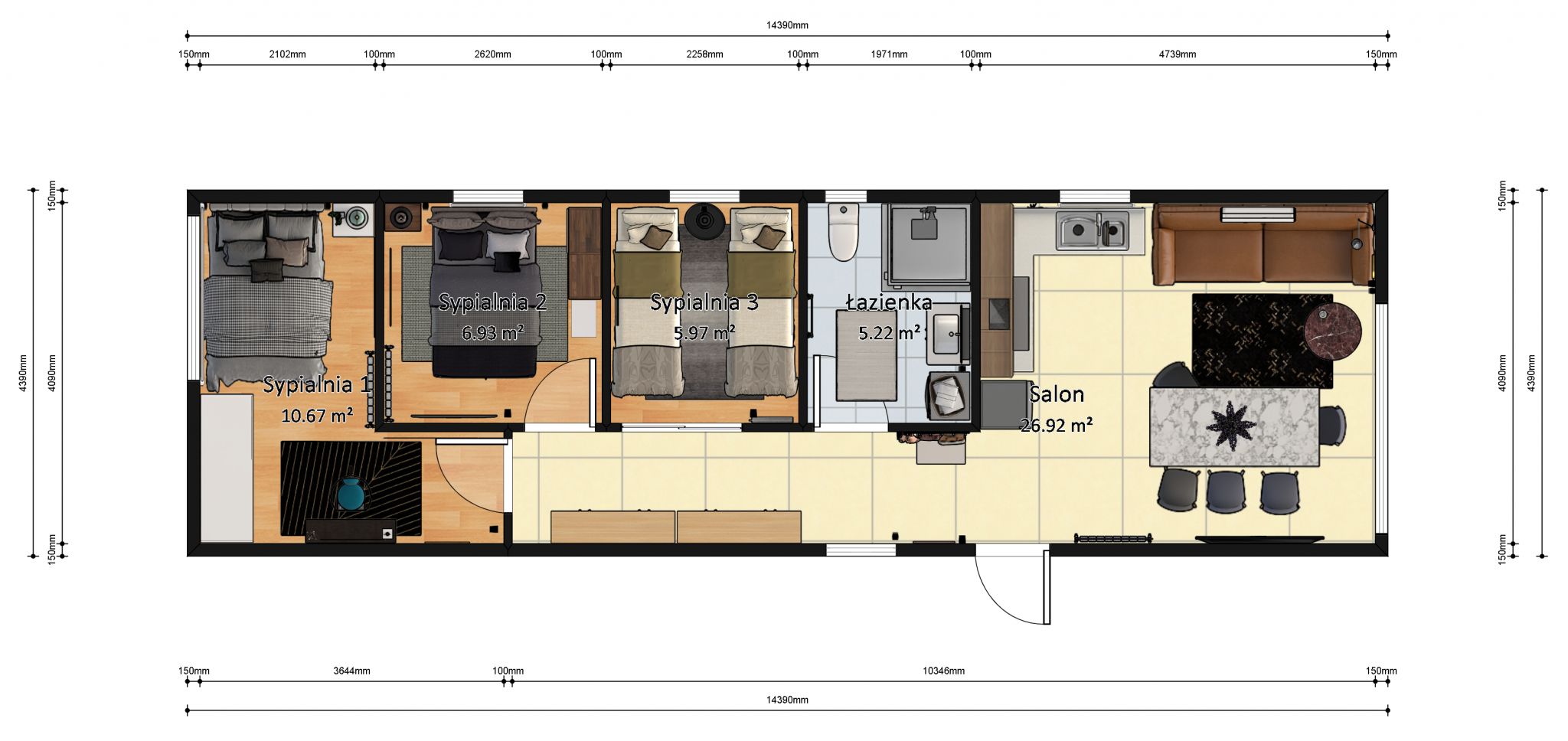plan domku 4m x 14m z wymiarami z meblami, Salon z Kuchnią, Łazienka, 3 Sypialnie