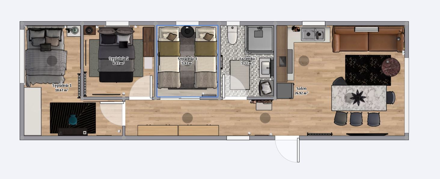 plan domku 4m x 14m z meblami, Salon z Kuchnią, Łazienka, 3 Sypialnie