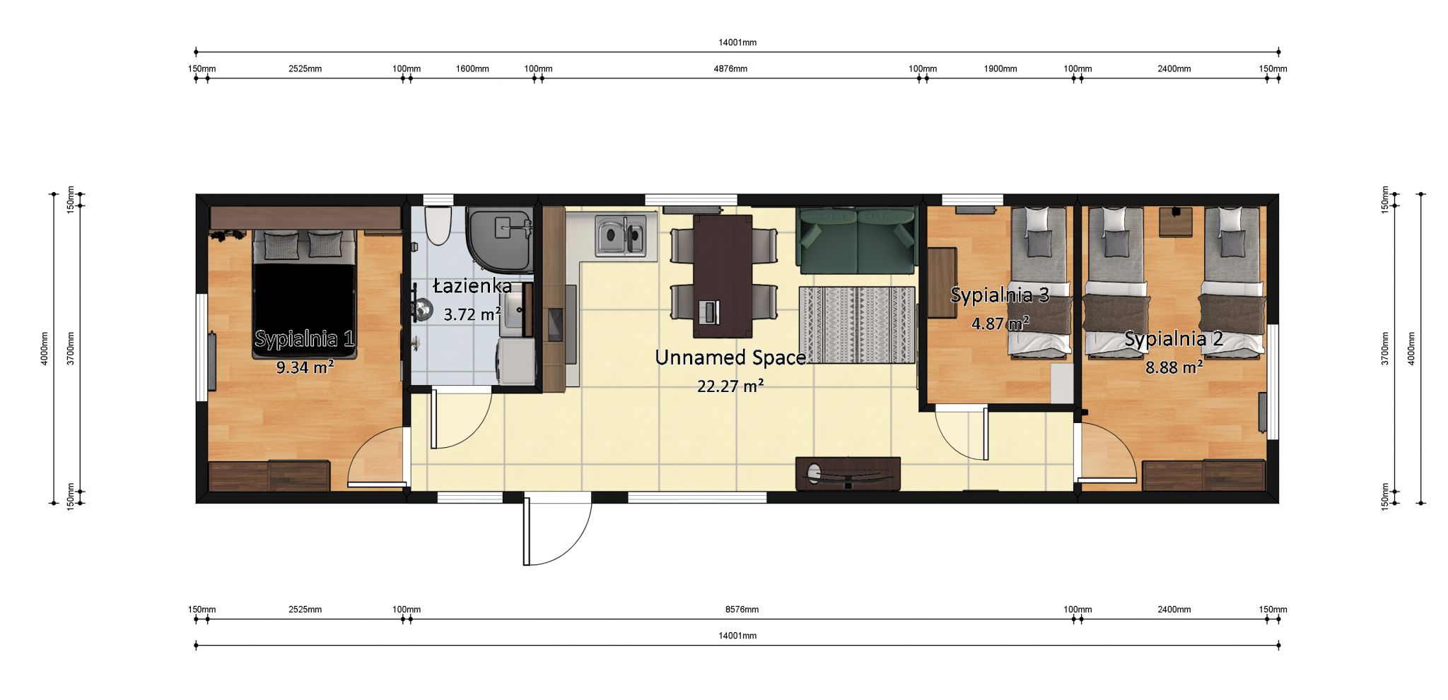 plan domku 4m x 14m z wymiarami z meblami, Salon z Kuchnią, Łazienka, 3 Sypialnie