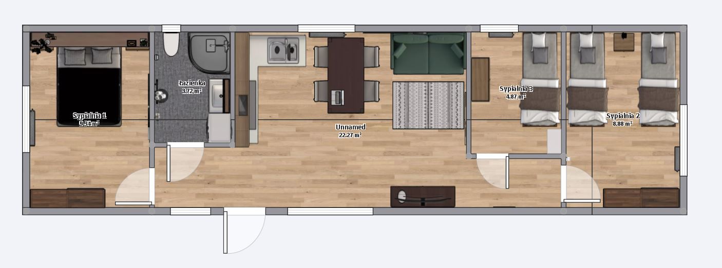 plan domku 4m x 14m z meblami, Salon z Kuchnią, Łazienka, 3 Sypialnie