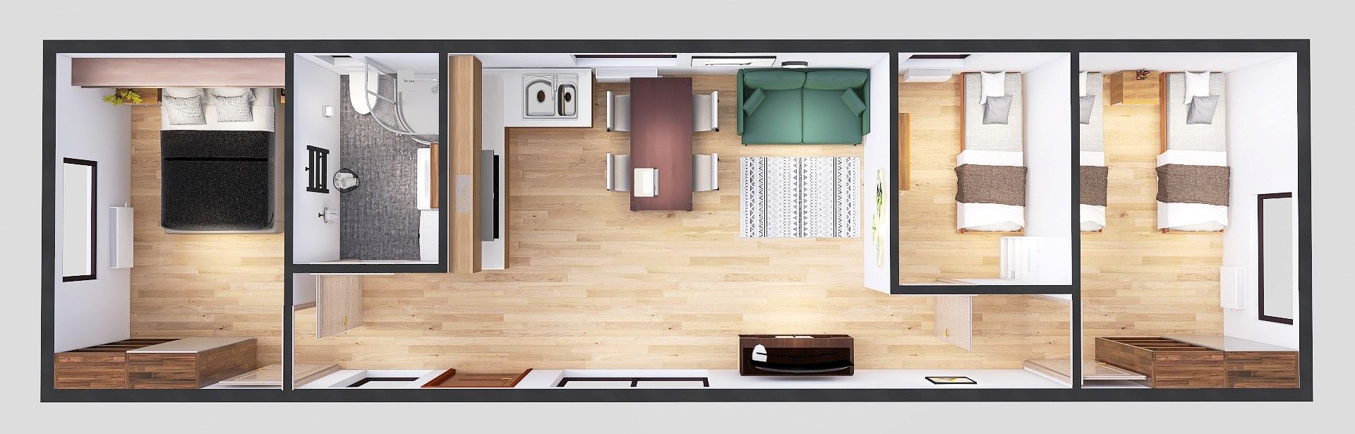 plan domku 4m x 14m perspektywa z meblami, Salon z Kuchnią, Łazienka, 3 Sypialnie