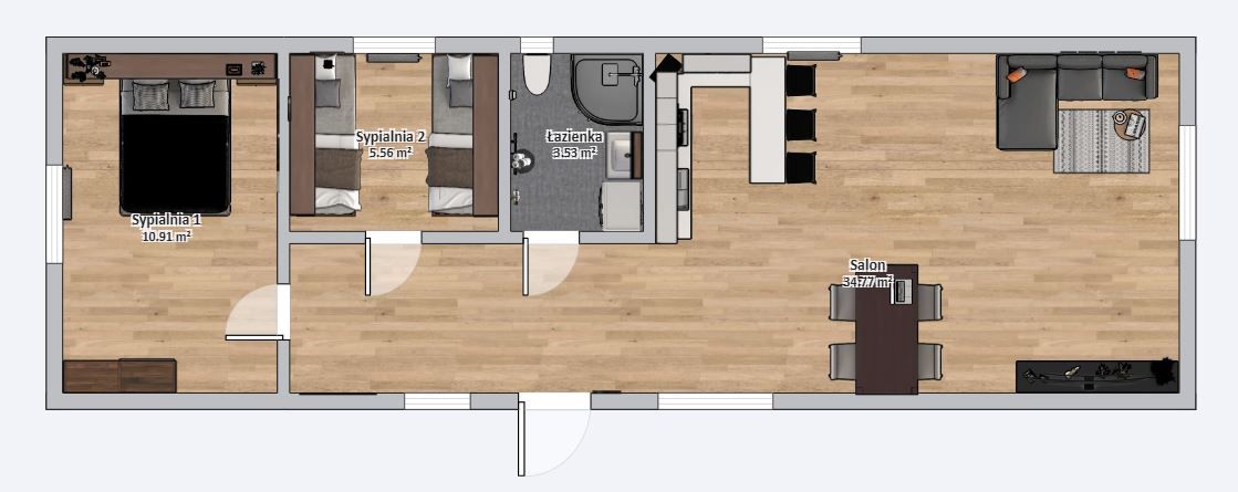 Domek Mobilny Pegasus + 4.5 m x 14m - Wariant A - Plan z meblami