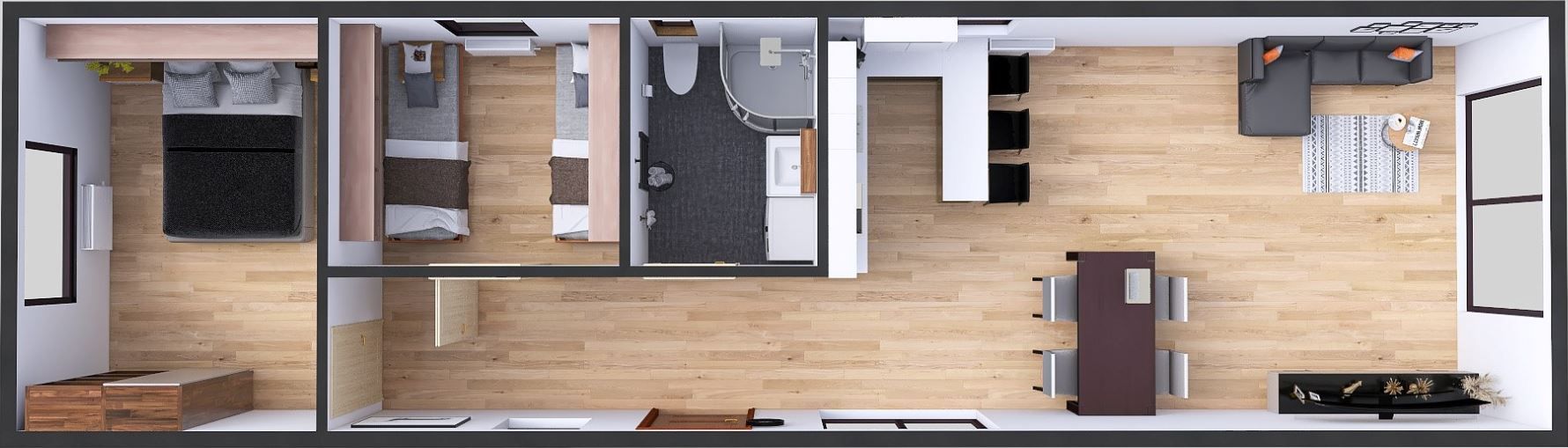 Domek Mobilny Pegasus + 4.5 m x 14m - Wariant A - Plan z wizualizacją