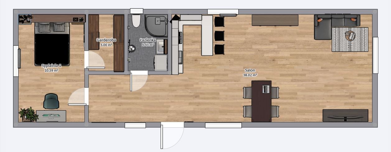Domek Mobilny Pegasus + 4.5 m x 14m - Wariant B - Plan z meblami