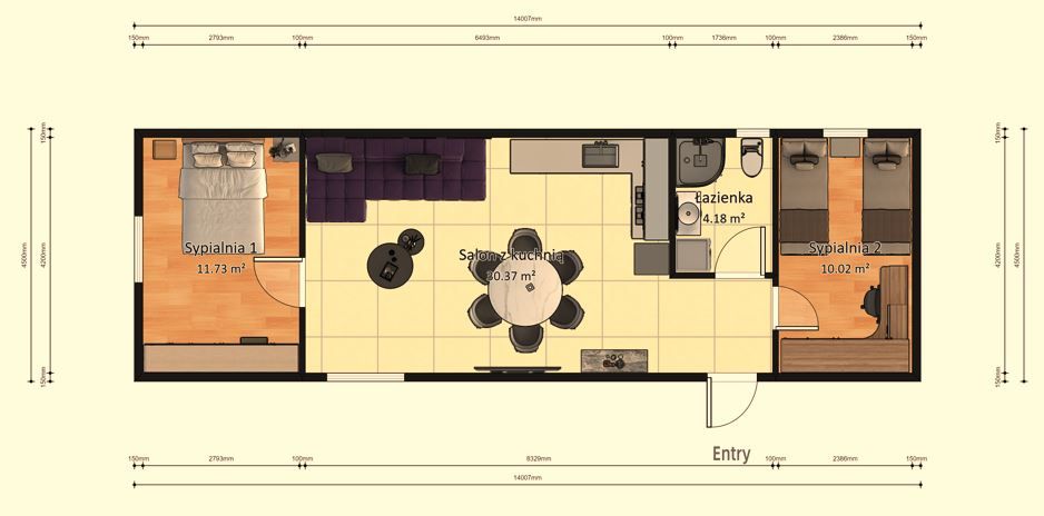 Domek Mobilny Pegasus + 4.5m x 14m - Wariant C - Plan z wymiarami
