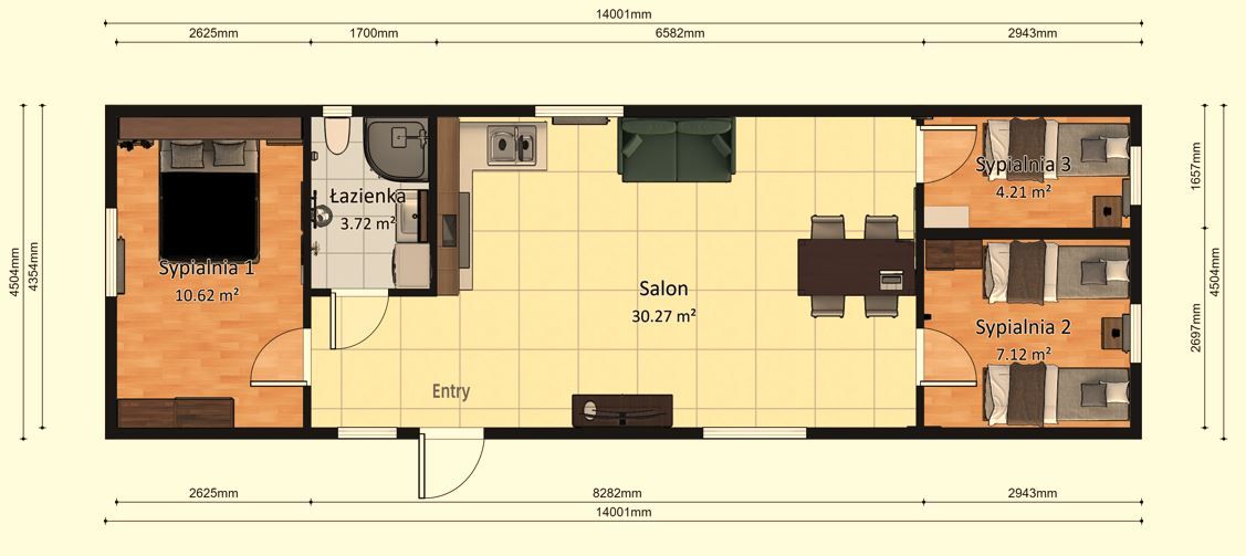 Domek Mobilny Pegasus + 4.5m x 14m - Wariant D - Plan z wymiarami