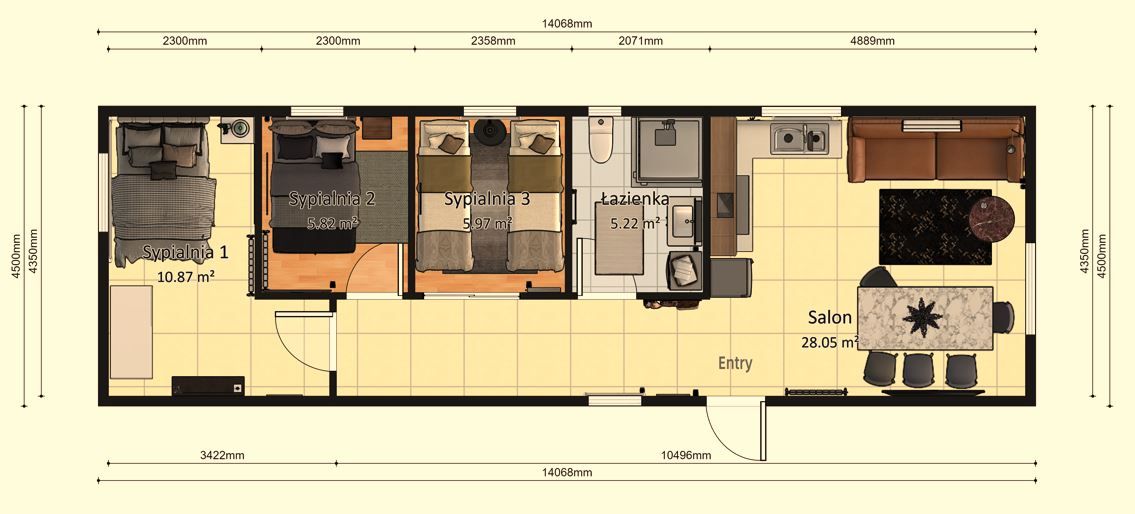 Domek Mobilny Pegasus + 4.5m x 14m - Wariant E - Plan z wymiarami