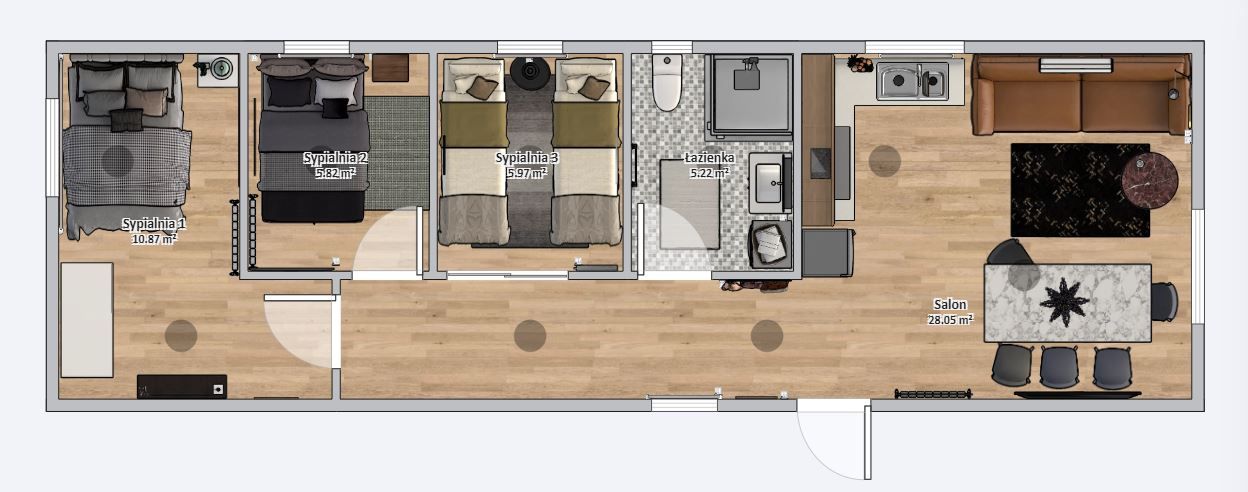 Domek Mobilny Pegasus + 4.5m x 14m - Wariant E - Plan z meblami