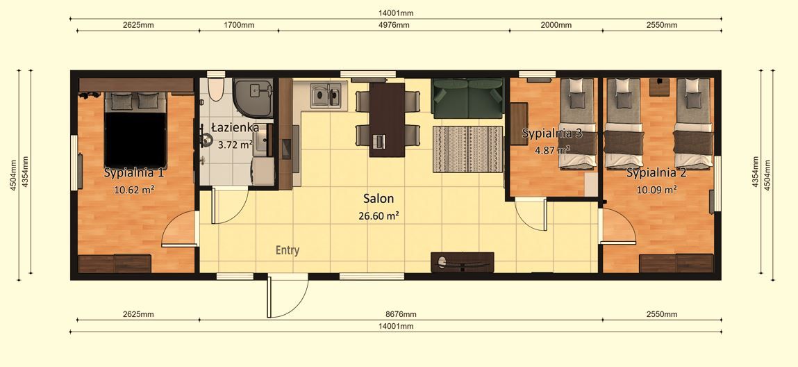 Domek Mobilny Pegasus + 4,5m x 14m - Wariant F - Plan z wymiarami