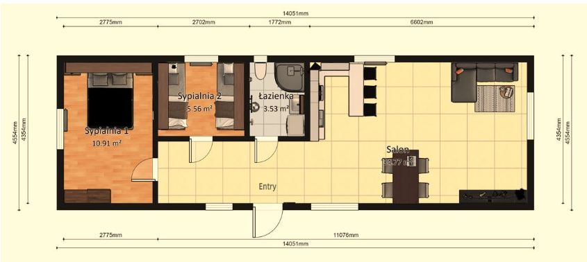 Domek Mobilny TYTAN 4.5 m x 15.5m - Wariant A - Plan z wymiarami