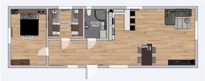 Domek Mobilny TYTAN 4.5 m x 15.5m - Wariant A - Plan z meblami