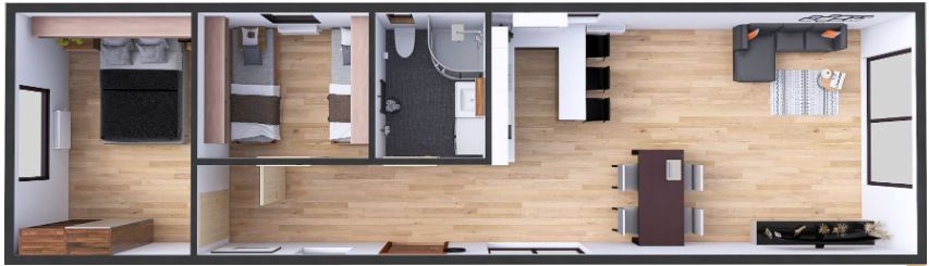 Domek Mobilny TYTAN 4.5 m x 15.5m - Wariant A - Plan z wizualizacją