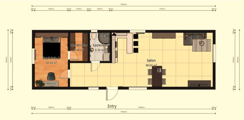 Domek Mobilny TYTAN 4.5m x 14m - Wariant B - Plan z wymiarami